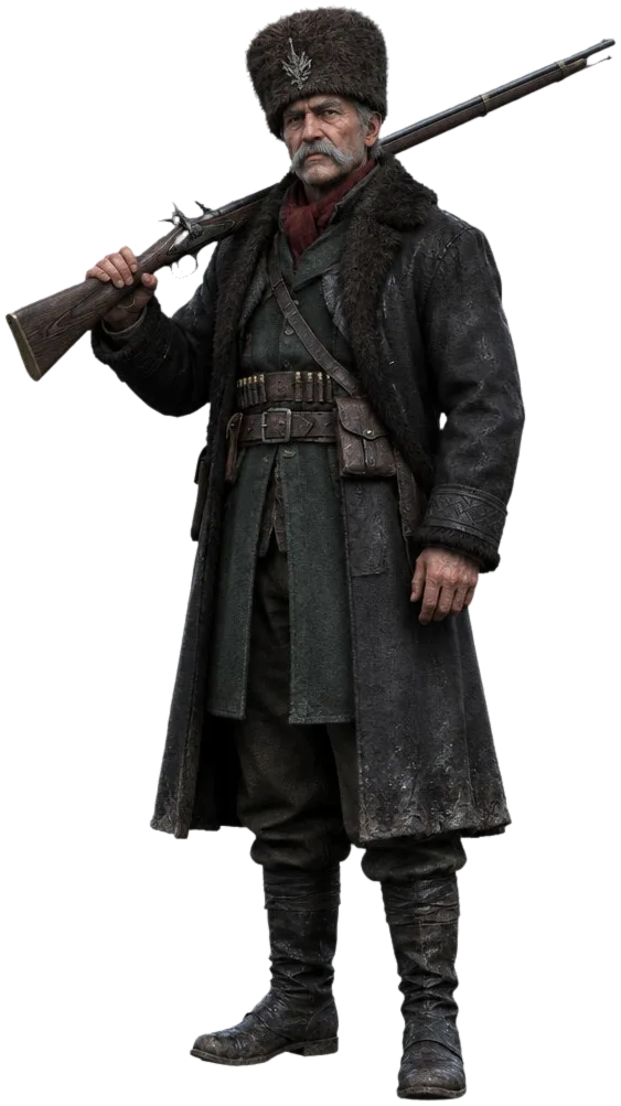 Tetua Tserani, berkumis kelabu dengan topi bulu tinggi dan senapan flintlock di bahu.