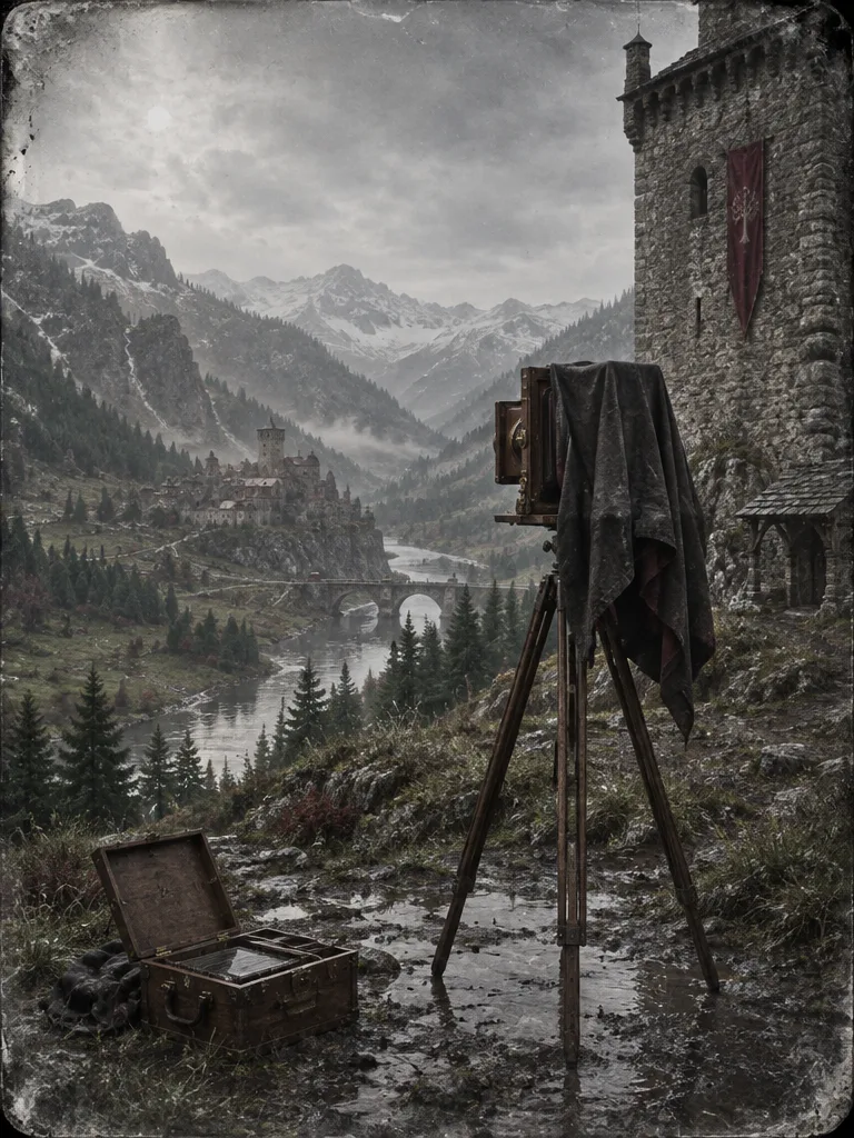 Kamera pelat kayu di atas tripod di kaki menara batu, kain hitam tersampir, kotak pelat terbuka di tanah basah.