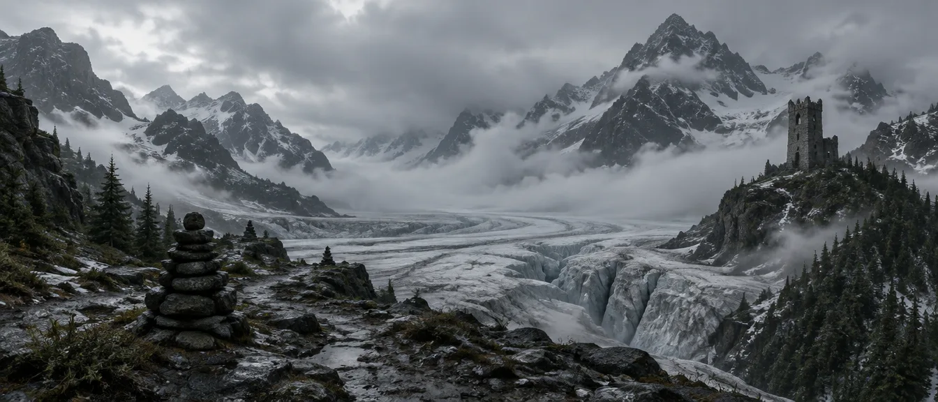 Kalde Ice Pass: pelana gletser lebar di antara puncak gelap, celah es, tumpukan batu penanda, satu menara kosong di tepi es.