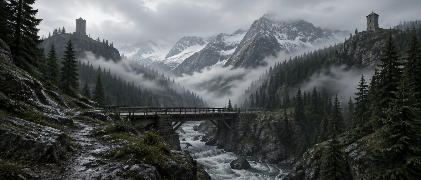 Blackspruce Valley: ngarai sempit penuh cemara gelap, sungai deras di bawah jembatan kayu, dua menara di punggung bukit.